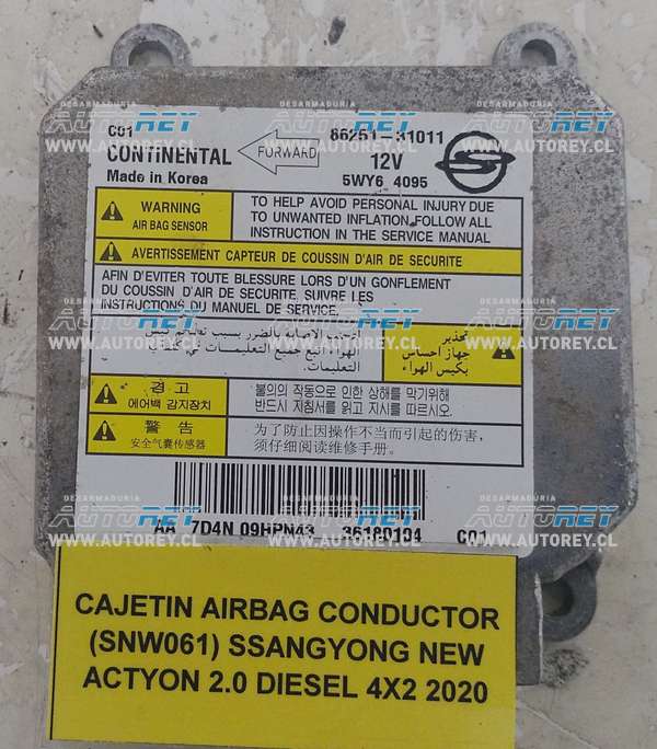 Cajetín Airbag Conductor (SNW061) SSangyong New Actyon 2.0 Diesel 4×2 2020 $50.000 + IVA